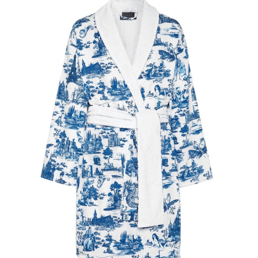 Couture Philipp Plein Bathrobe En Plein Air White Blue 100% Cotton‎ Small Luxury - Picture 3 of 14
